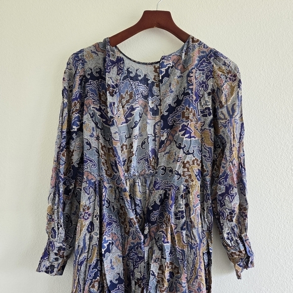 Zara Digital Floral Paisley Balloon Sleeve Midi Dress Blue Gold size Medium - Picture 7 of 10